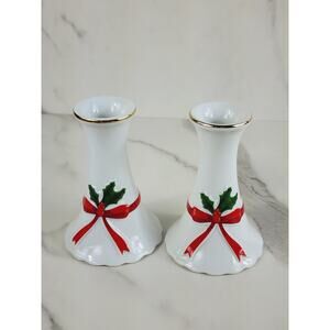 Mount Clemens Christmas Candle Holder Pottery 4 1/2" Porcelain 90s Japan x2